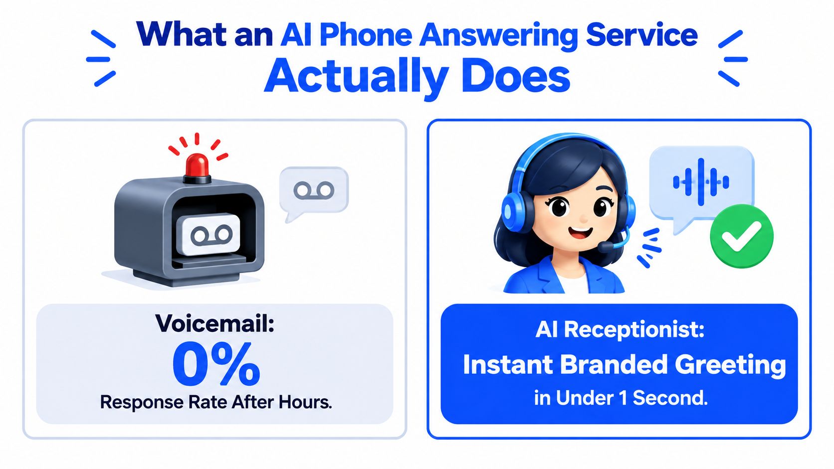 A comparison graphic showing how AI receptionists provide instant greetings compared to zero response from standard voicemail.