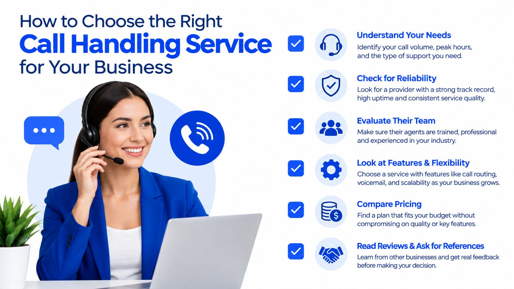 A professional woman wearing a headset, highlighting six key steps for choosing the right call handling service.