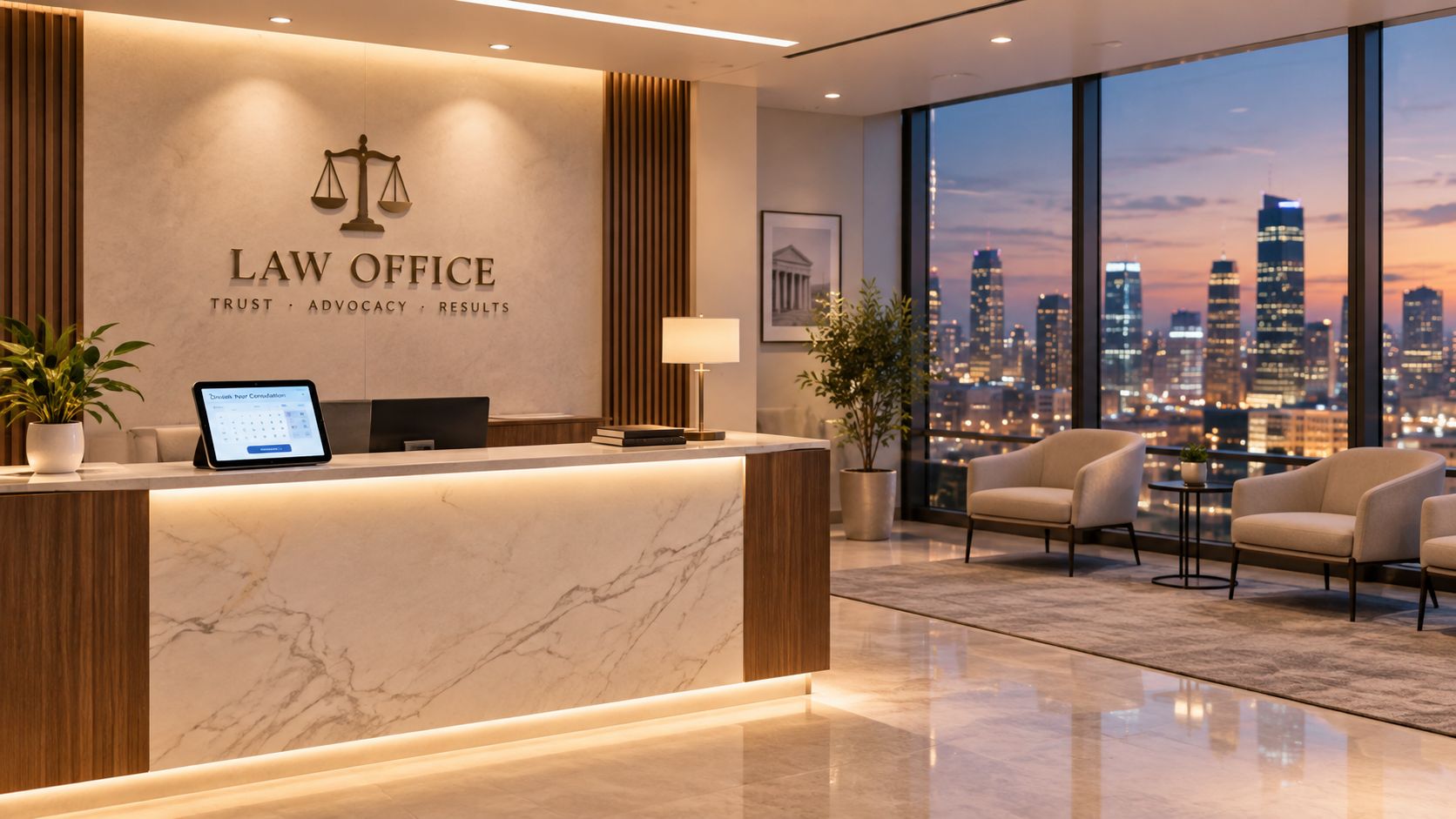 A modern and professional law firm reception area featuring a marble desk and city skyline view.