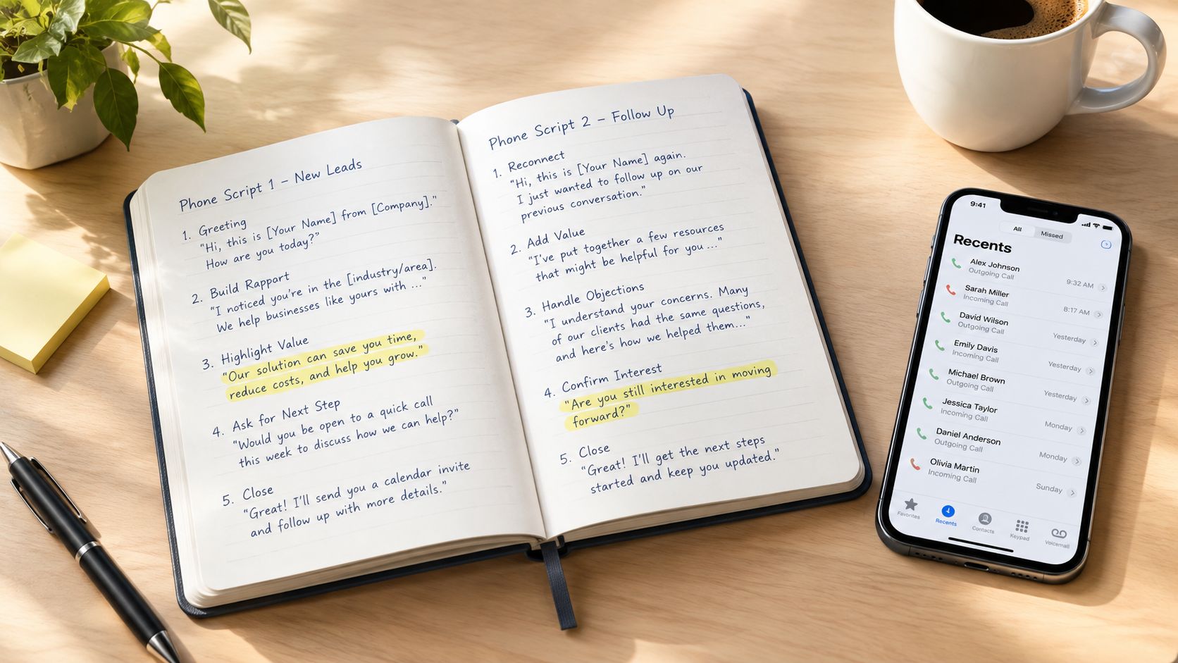 An open notebook with phone scripts for business calls next to a smartphone showing a call history list.