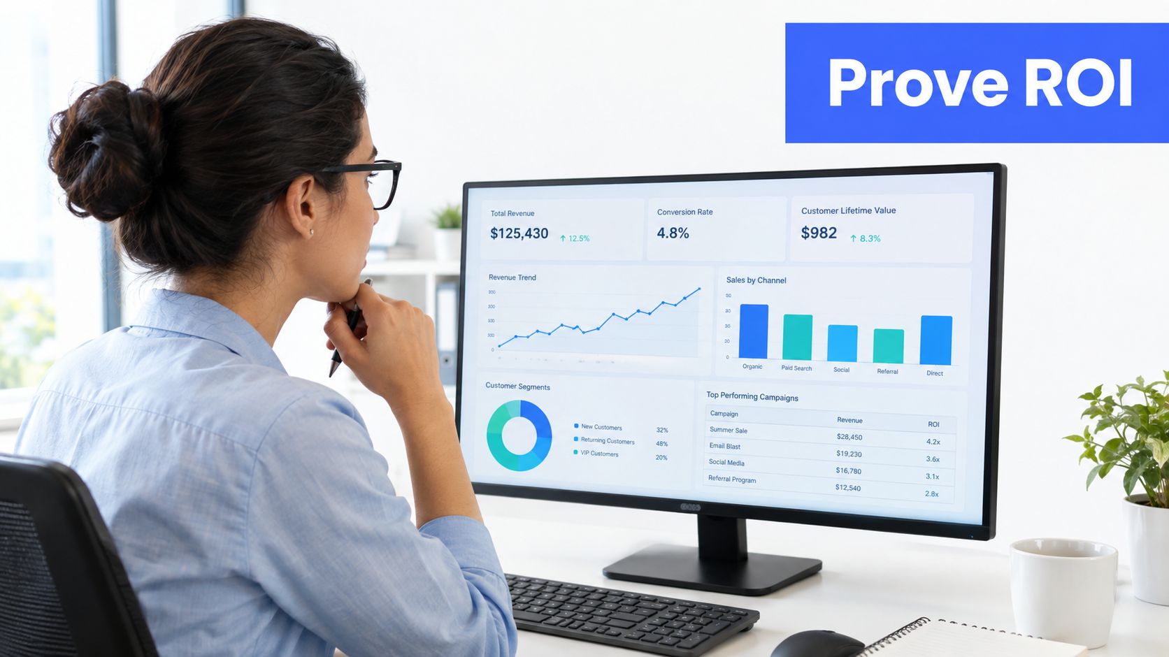 A professional woman observing a marketing analytics dashboard on her computer screen to prove return on investment.