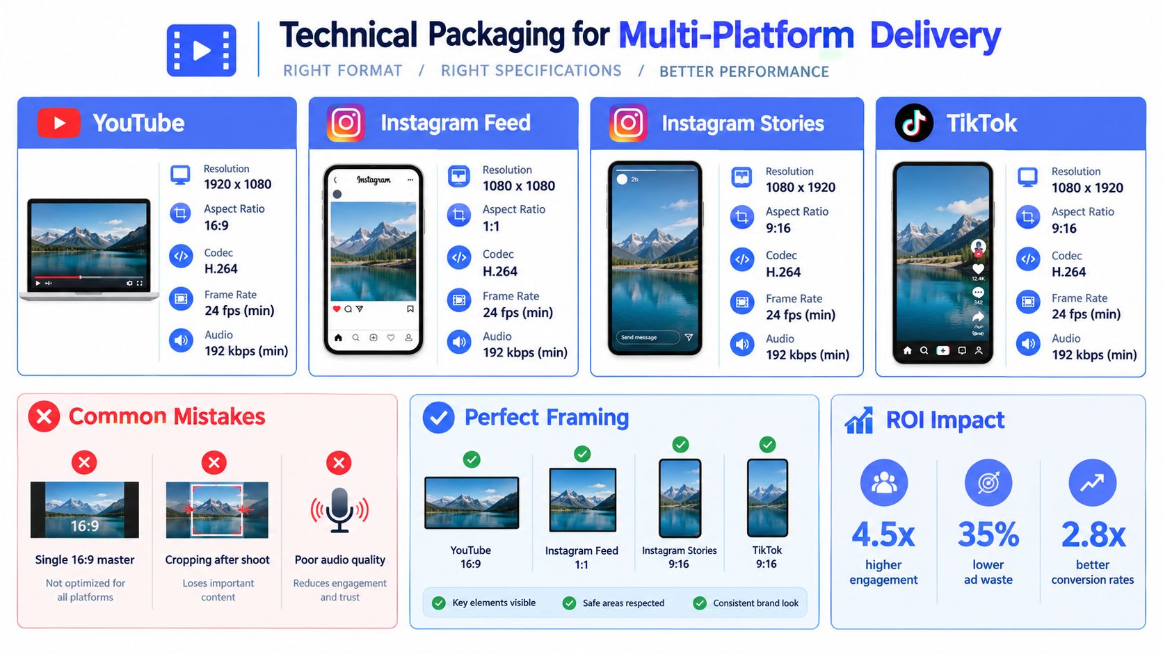 An infographic detailing technical video packaging specifications for multi-platform delivery including YouTube, Instagram, and TikTok.
