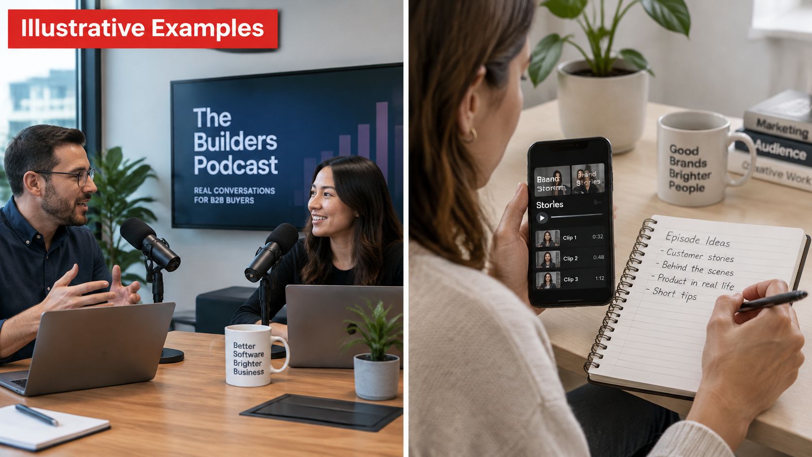 Two people recording a business podcast while another person plans episode content in a notebook.