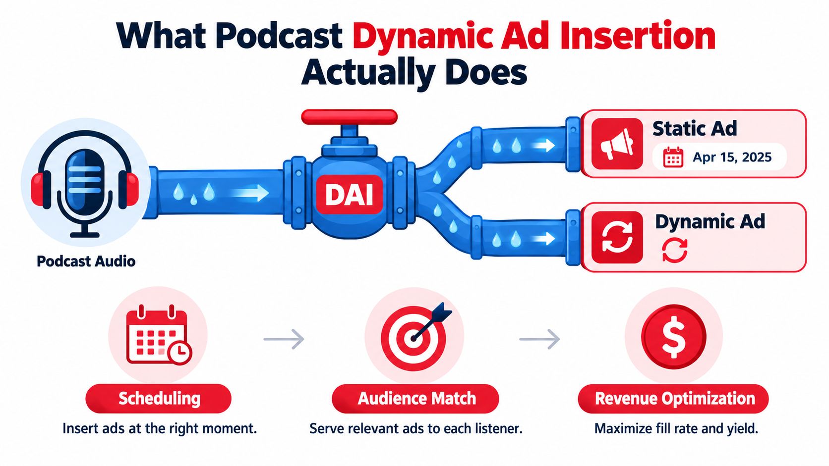 A diagram illustrating how podcast dynamic ad insertion technology directs audio content to static or dynamic advertisements.