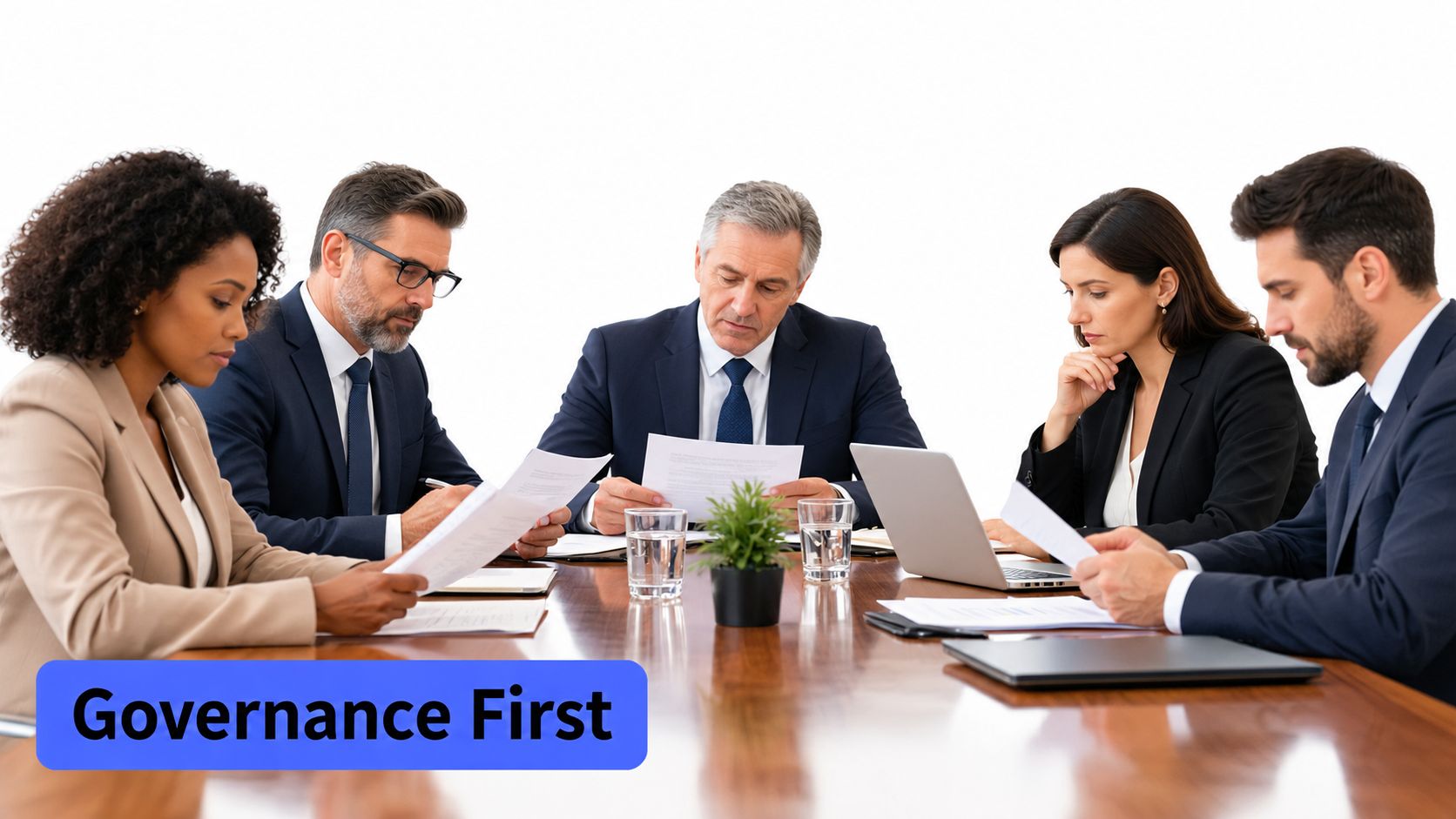 A diverse group of professionals sitting around a wooden conference table in a modern office meeting.