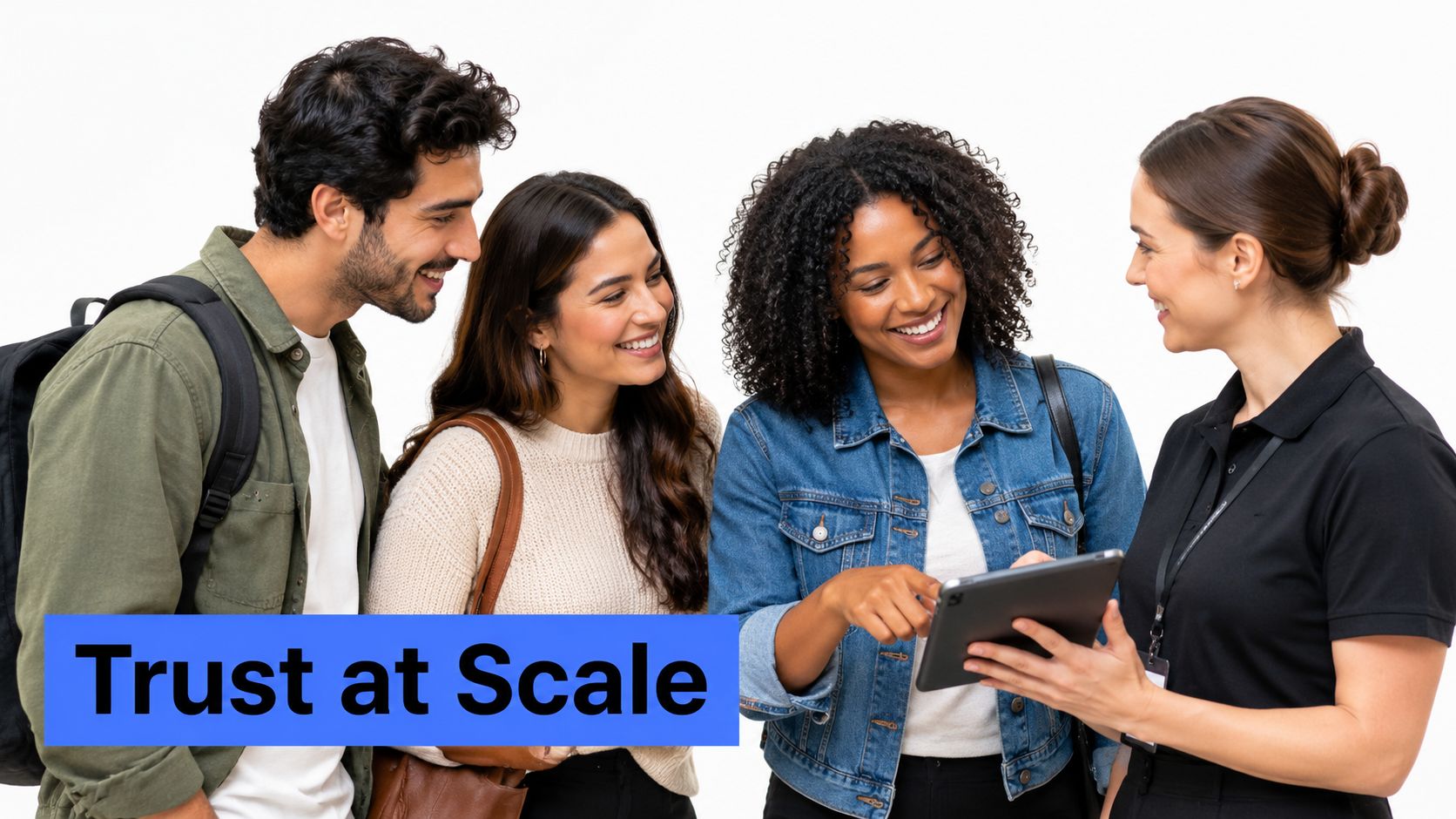 A diverse group of students or employees looking at a digital tablet held by a woman.