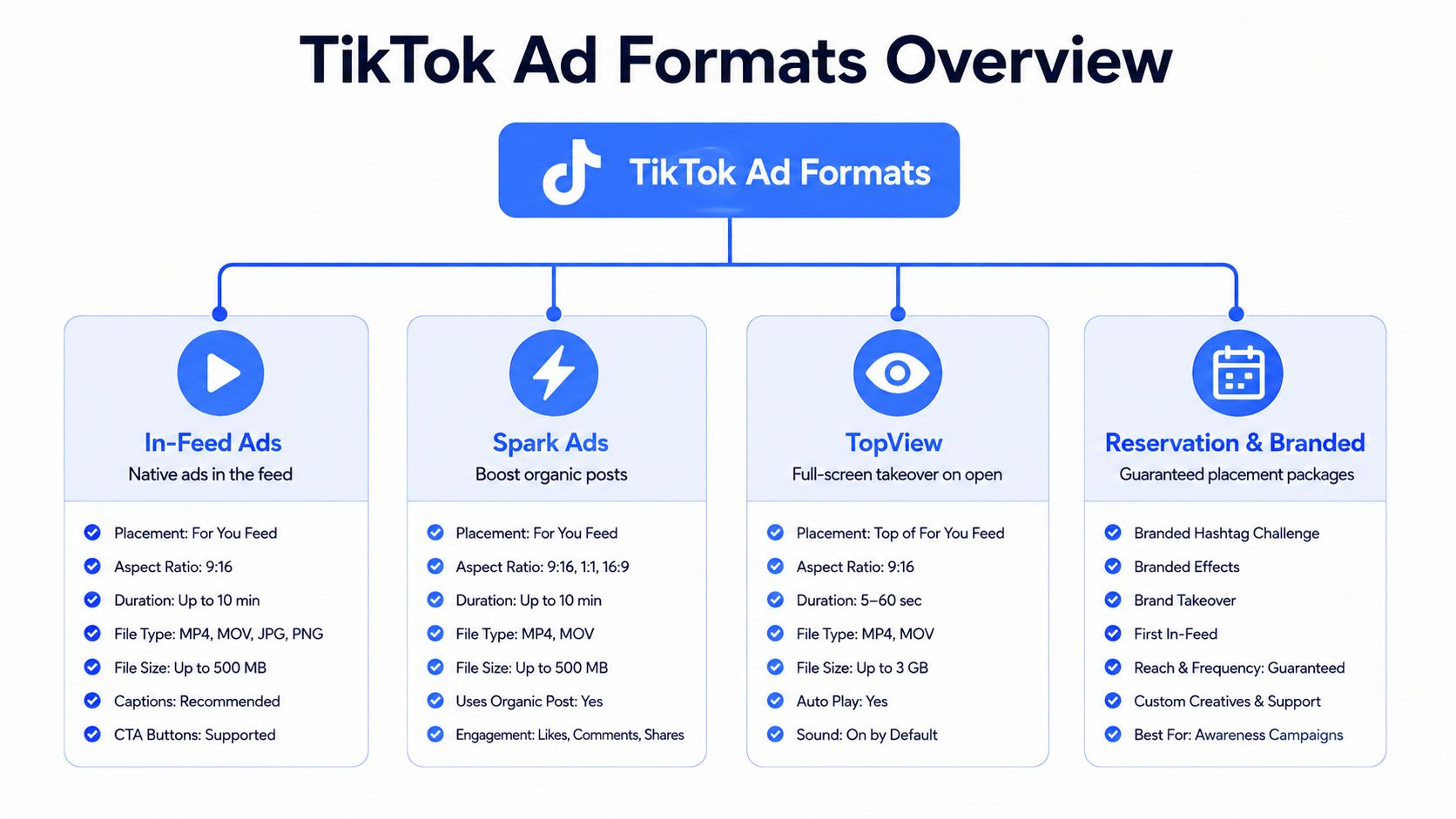 An infographic showing a breakdown of different TikTok ad formats including In-Feed Ads, Spark Ads, TopView, and Reservation.