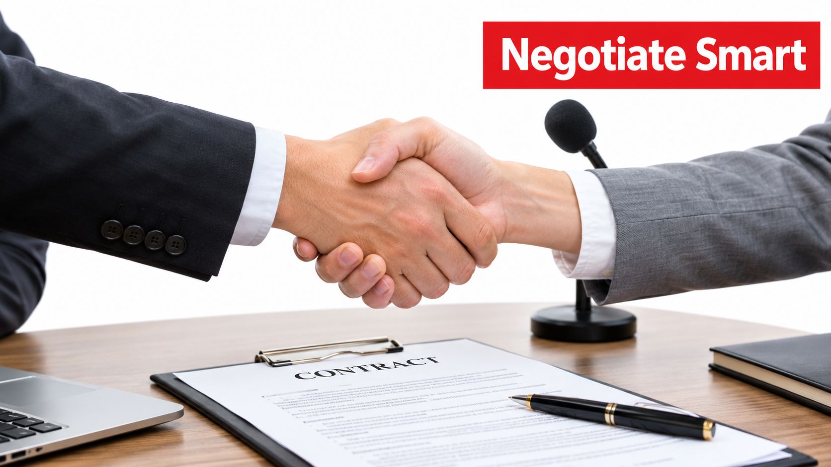 Two business professionals shaking hands over a contract document, symbolizing a successful negotiation or partnership agreement.