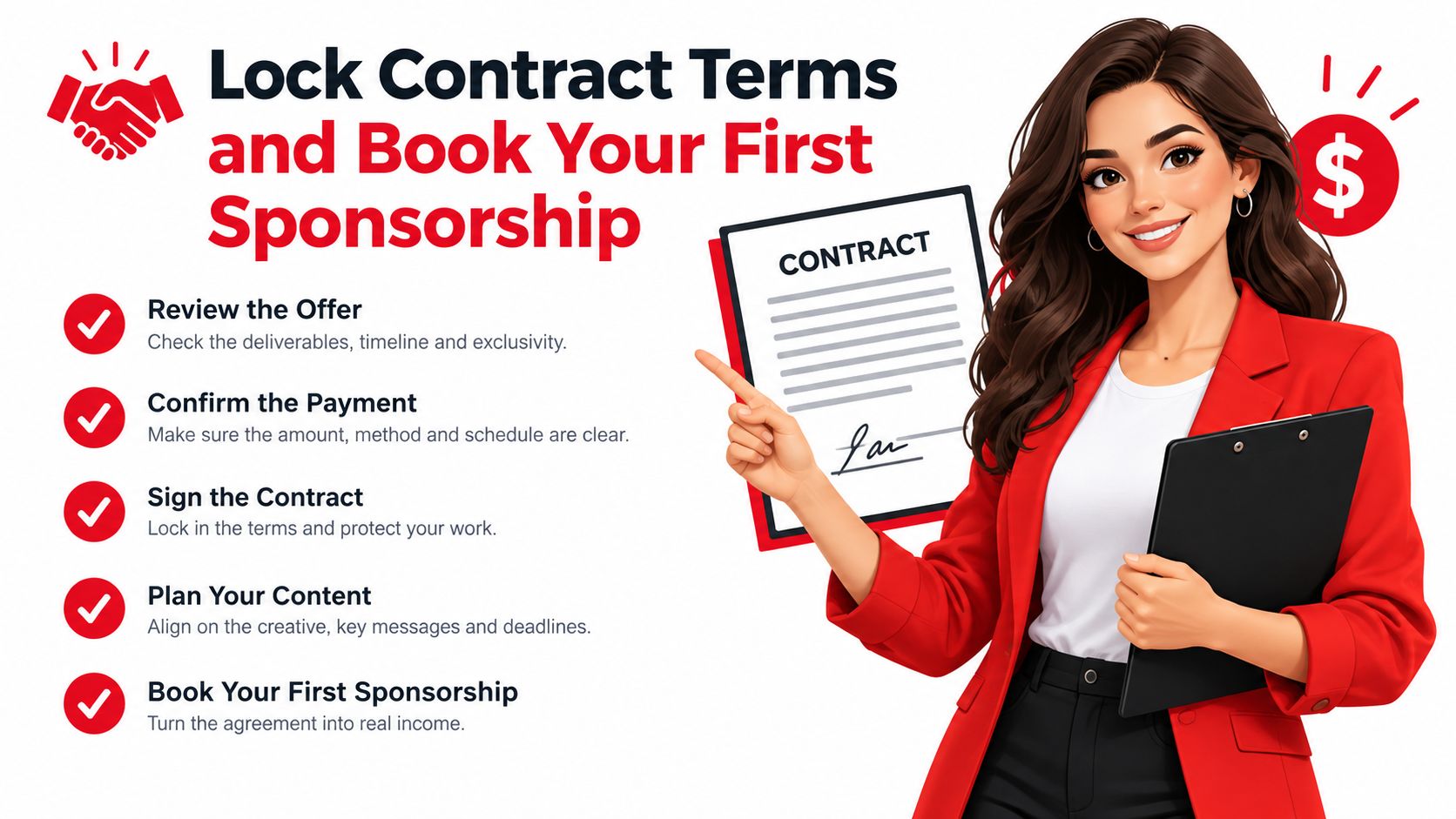 A professional woman in a red blazer pointing to a contract document outlining steps for securing sponsorships.