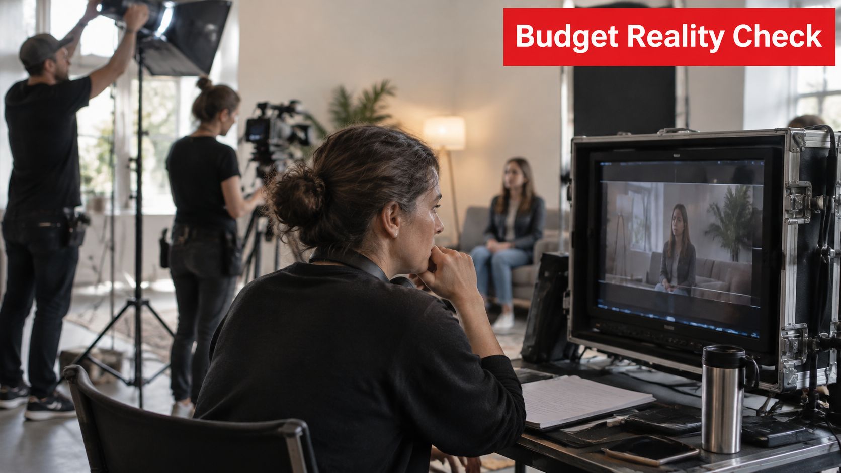 A professional film crew works on a video shoot with a director monitoring the output on screen.