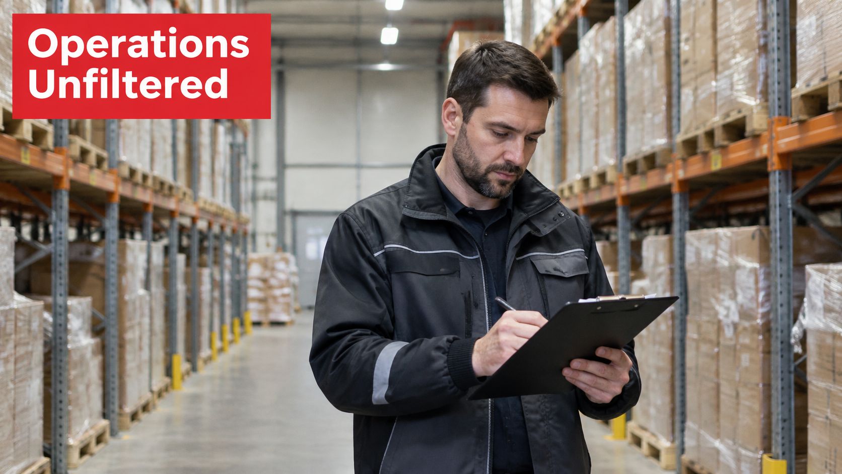 A professional warehouse worker in a black jacket inspecting inventory on a clipboard in a large warehouse.
