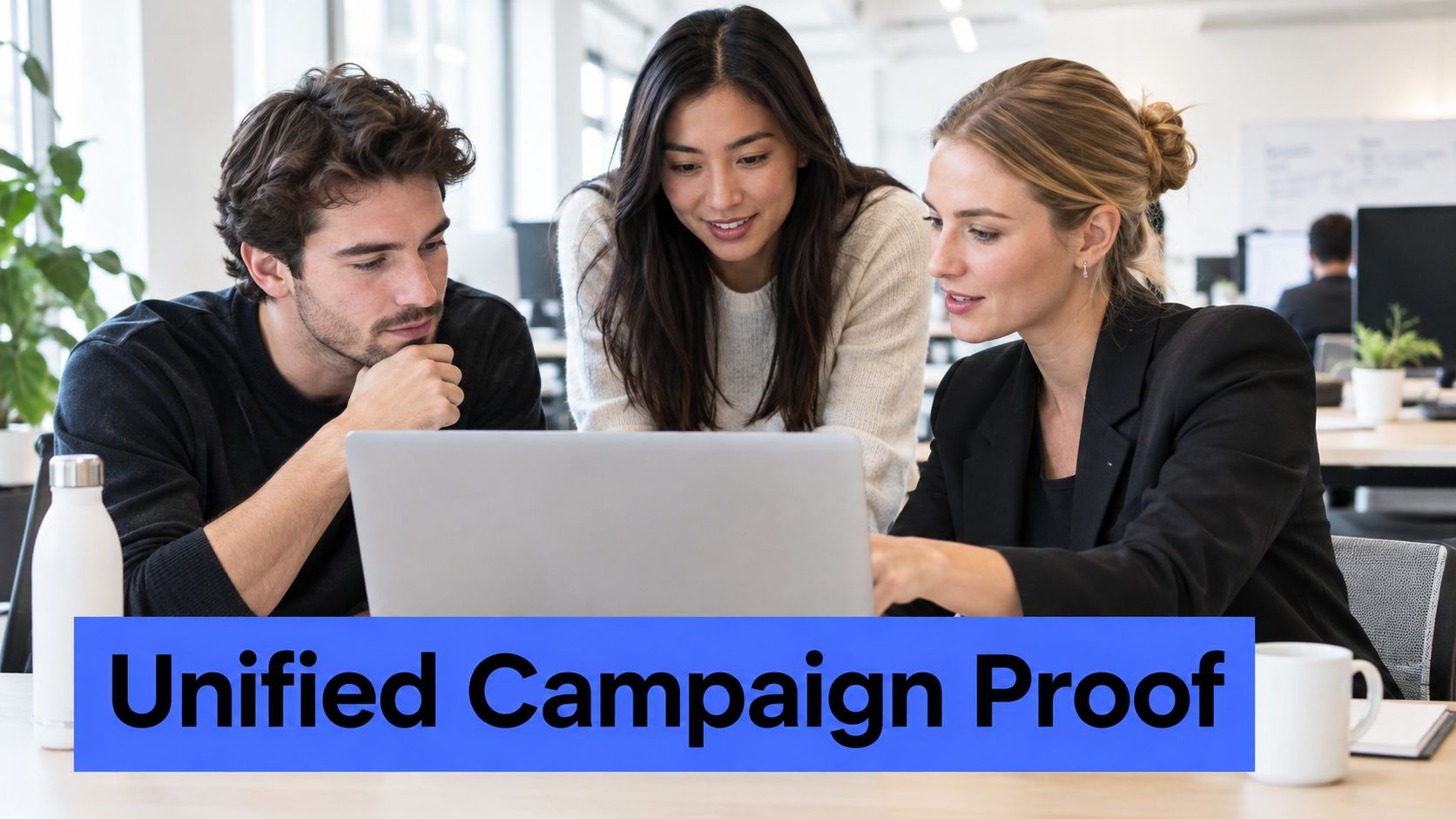 Three professionals collaborating on a laptop project in a modern office space with a blue banner.