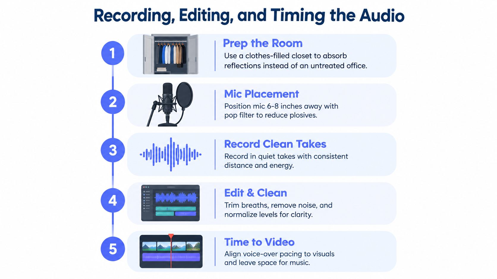 A numbered infographic detailing five essential steps for recording, editing, and timing voice overs for videos.