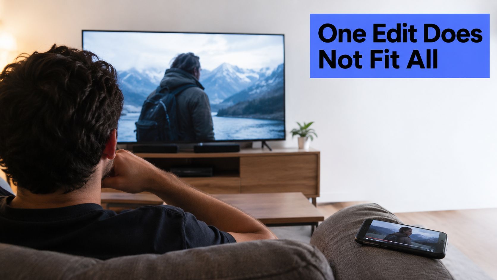 A man sitting on a couch watching the same video content on both a television and smartphone.