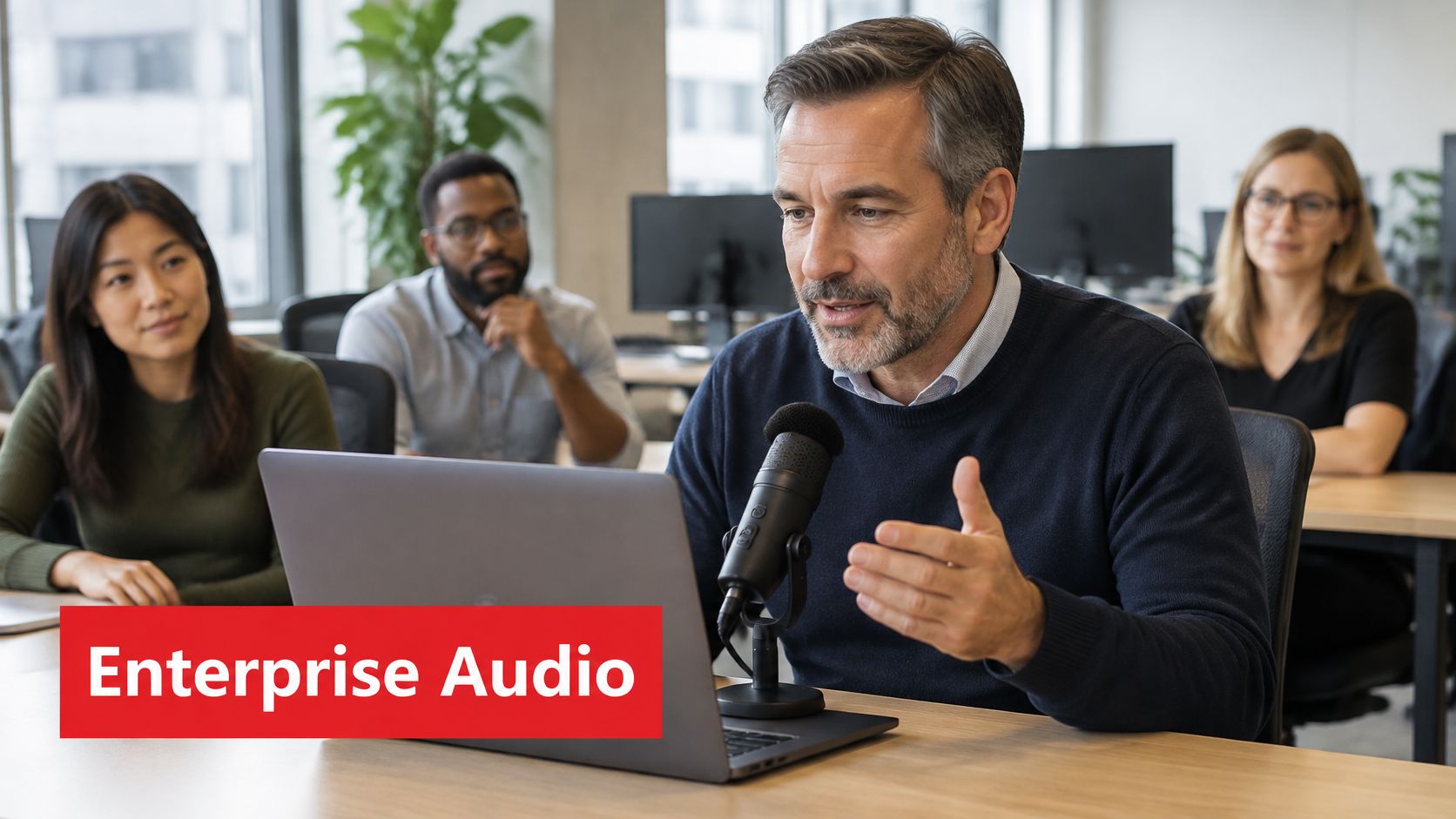 A professional man speaks into a microphone during a team meeting in a modern office environment.