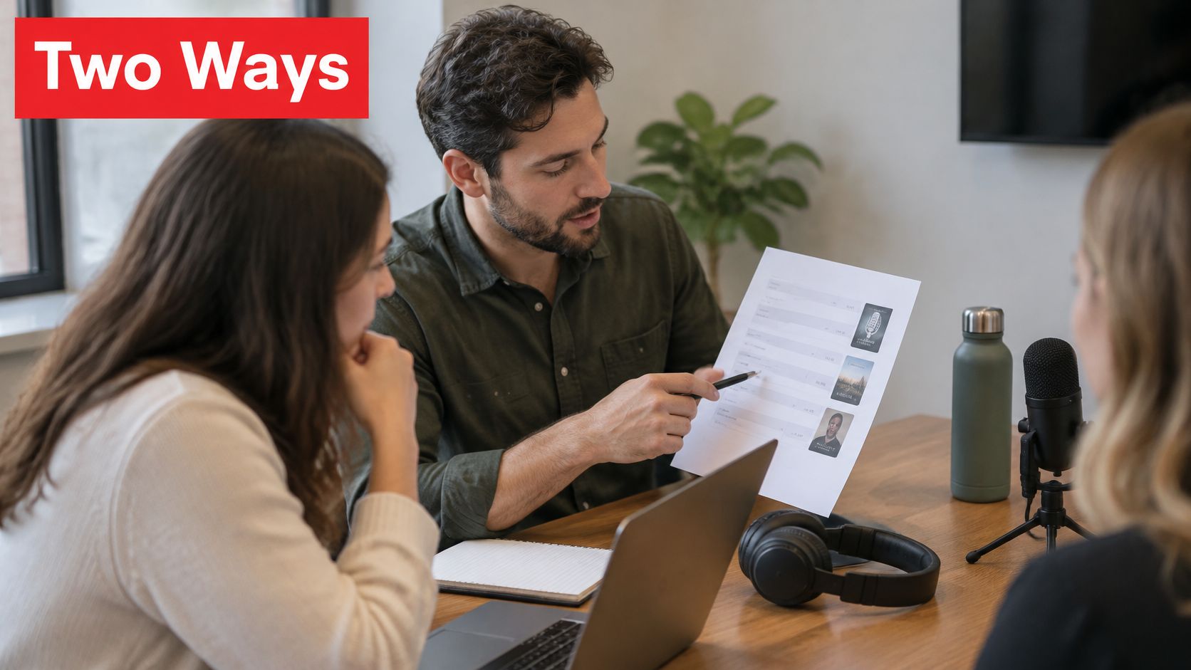 Three colleagues discussing podcast advertising performance data and marketing benchmarks during a collaborative meeting in an office.