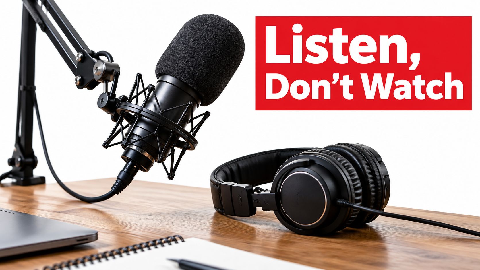 A professional podcasting setup with a microphone, headphones, and a notebook on a wooden desk surface.