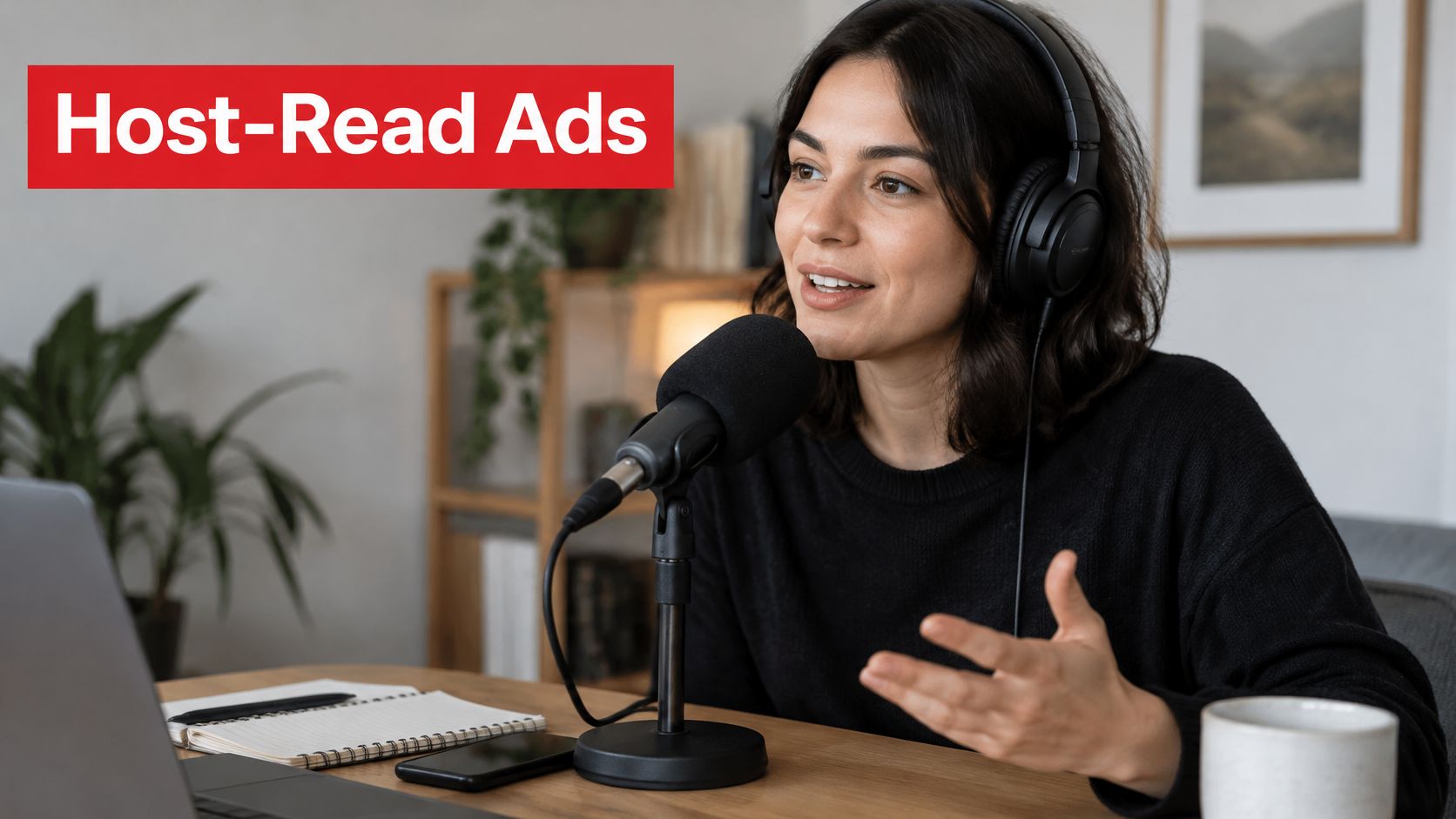 A woman wearing headphones speaking into a microphone while recording a podcast at her desk.
