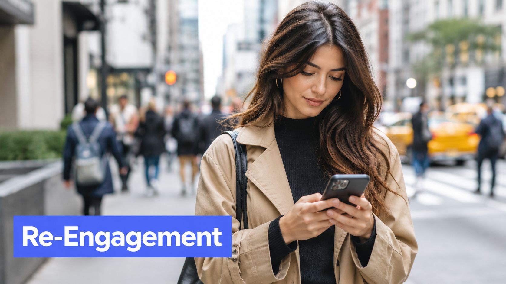 A woman walks through a bustling city street while looking down at her smartphone.