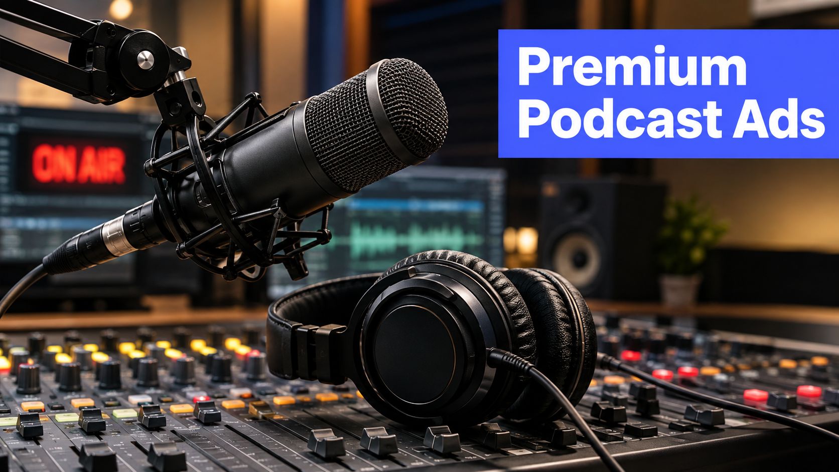 A professional podcast studio setup with a microphone, large headphones, and a mixing console for recording audio.