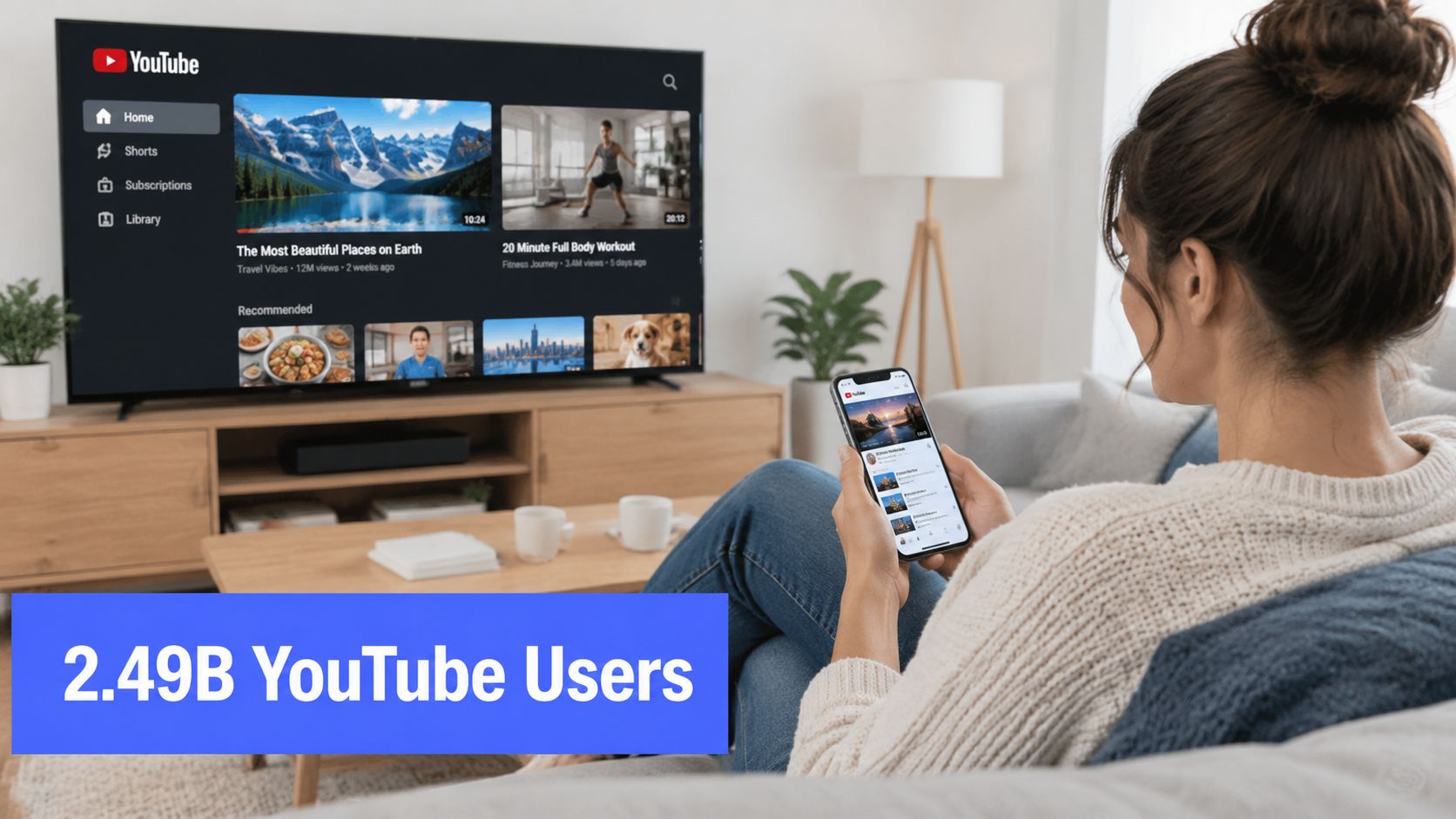 A woman sitting on a couch browsing YouTube on her smartphone with a television display in the background.