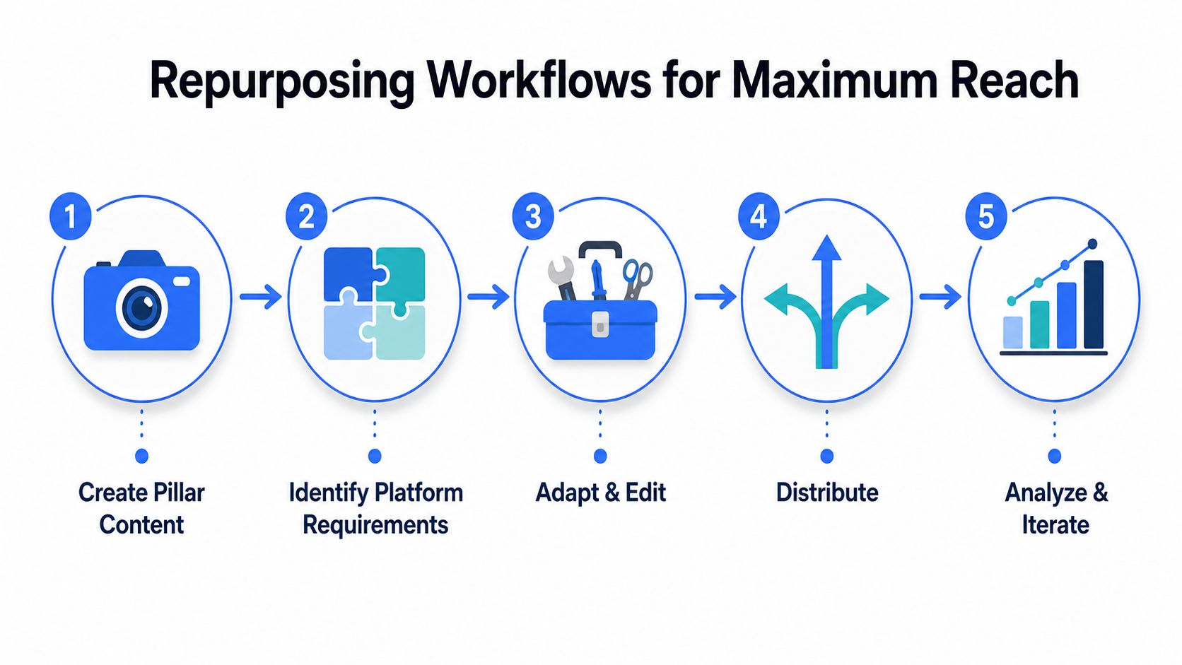 A five-step flowchart illustrating a strategic workflow for repurposing content to achieve maximum online reach.