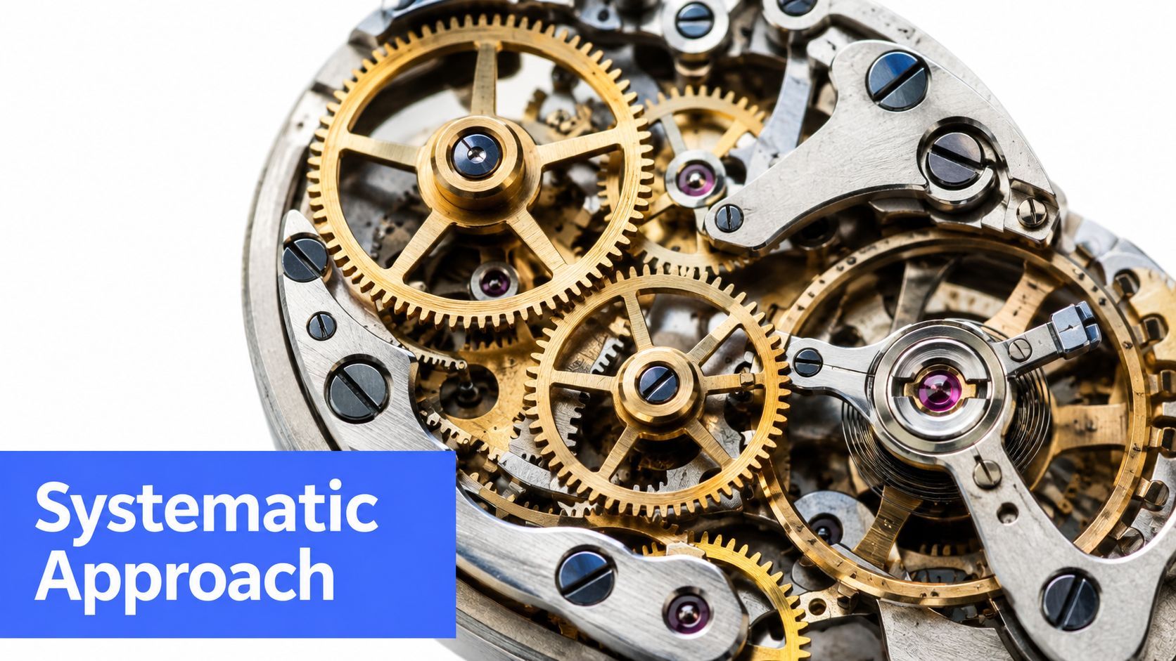 A close up view of an intricate mechanical watch movement with gears and wheels inside.