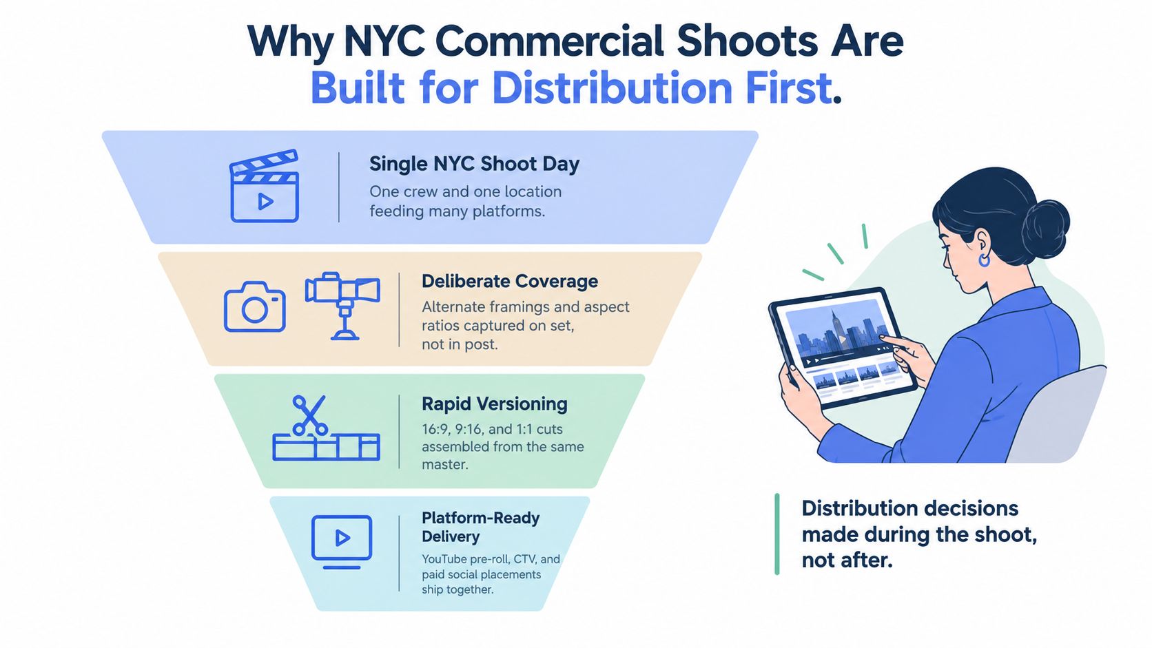 An infographic showing a funnel process for efficient commercial video production strategies in New York City.