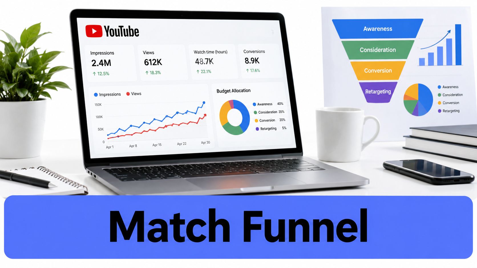 A laptop screen displaying YouTube advertising analytics dashboards alongside a digital marketing funnel infographic on a desk.