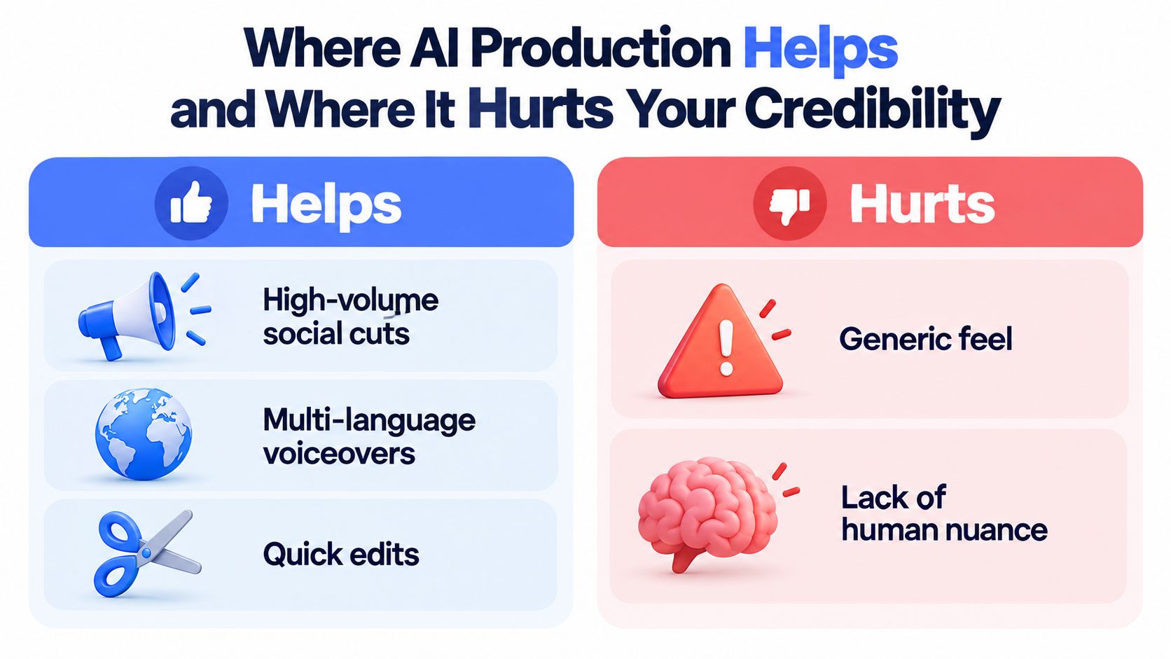 A comparison chart showing how AI video production helps with efficiency but hurts by reducing human authenticity.