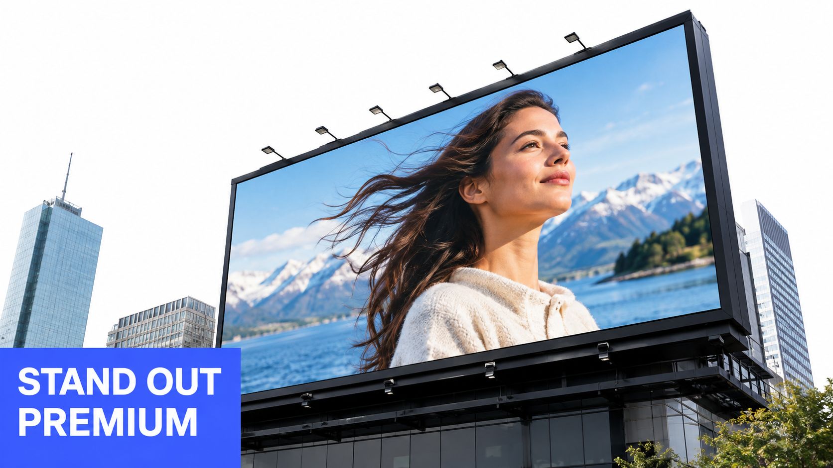 A massive digital outdoor billboard displays a beautiful woman against a backdrop of mountains and lake.
