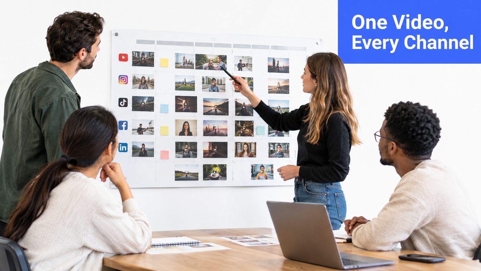 A professional creative team collaborating on a video marketing strategy using a whiteboard and laptop.