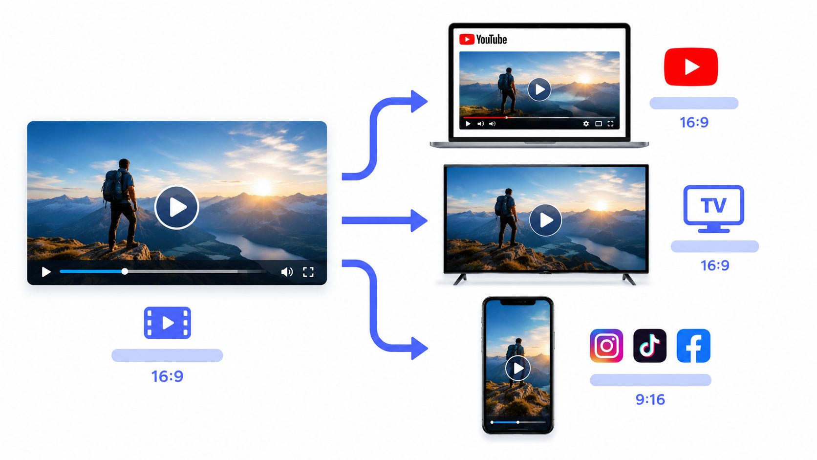 A diagram demonstrating how a horizontal 16:9 video is reformatted for different screen aspect ratios and platforms.