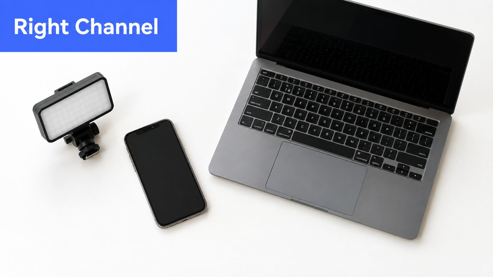 A modern workspace setup featuring a laptop, smartphone, and portable video lighting device on white background.