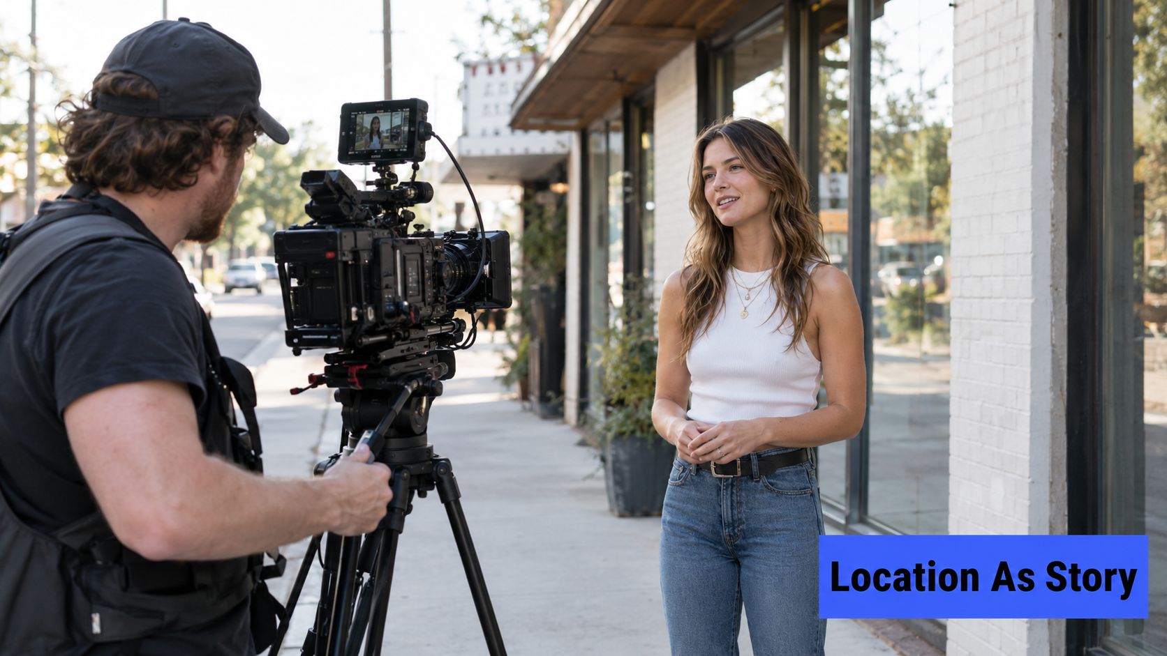 A videographer uses a professional camera to record a woman standing on a sidewalk during filming.