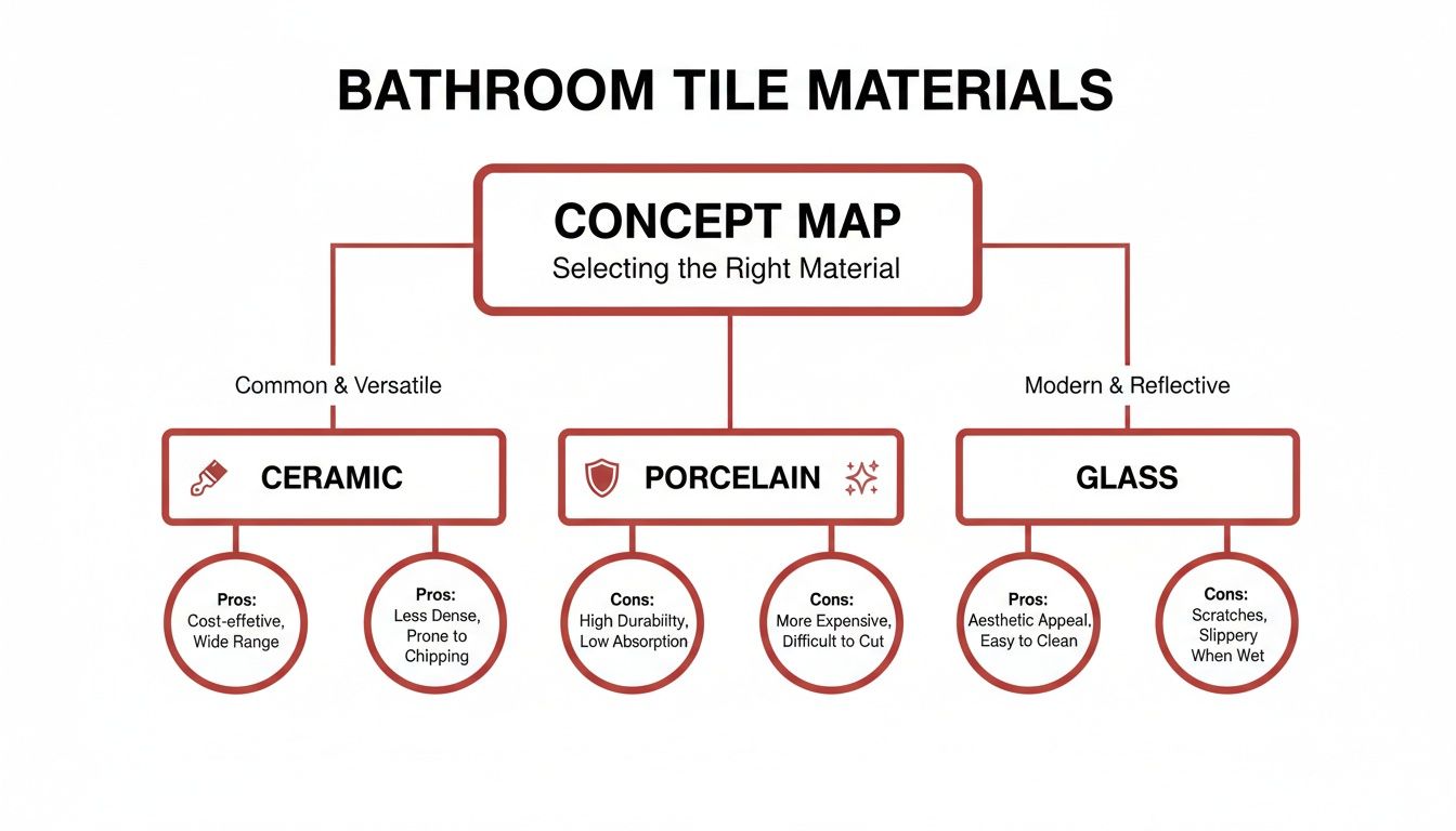 A concept map detailing different bathroom tile materials, including ceramic, porcelain, and glass, with their pros and cons.