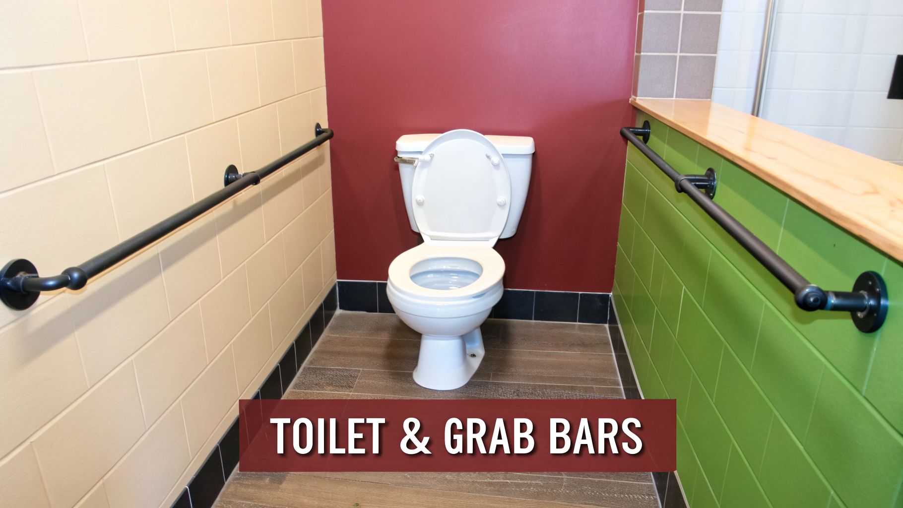 An accessible bathroom featuring a white toilet, black grab bars, and beige and green tiled walls.