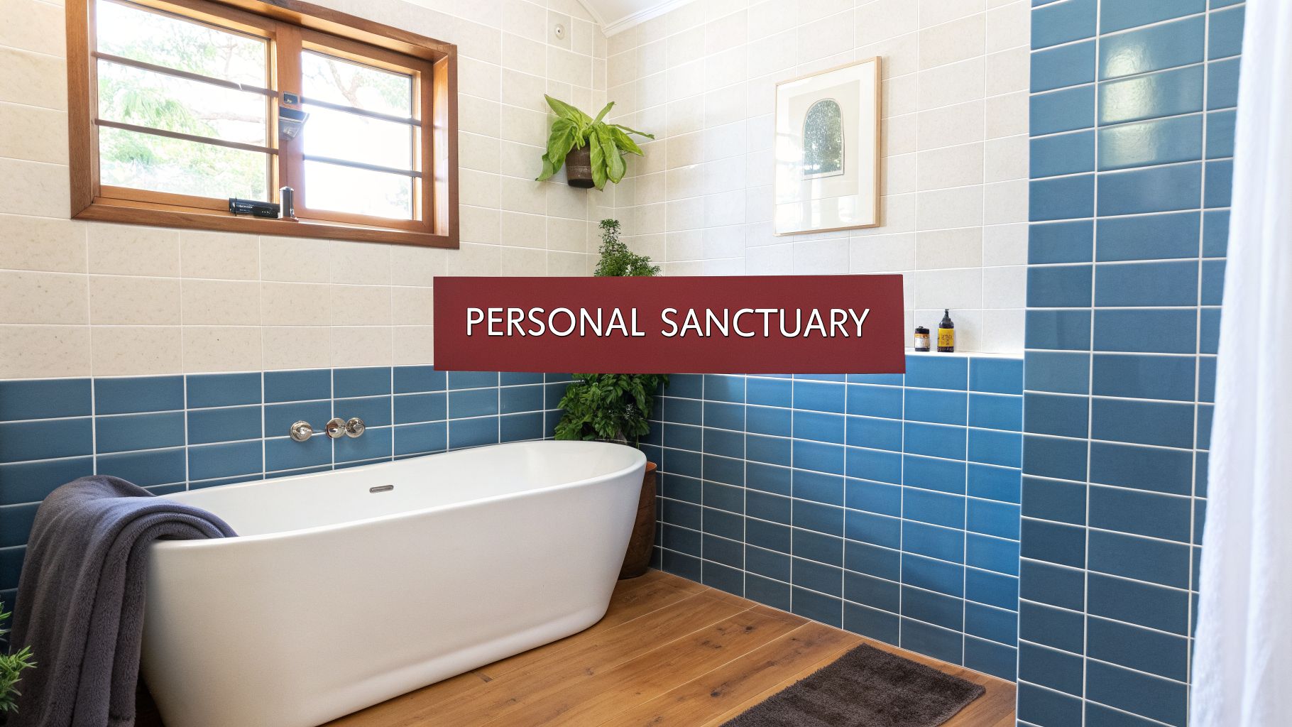 Modern bathroom with a white freestanding tub, blue and cream tiled walls, and a large wooden window.
