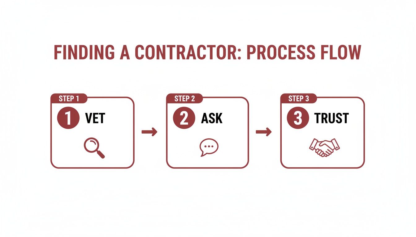 Process flow diagram illustrating three steps for finding a contractor: Vet, Ask, and Trust.