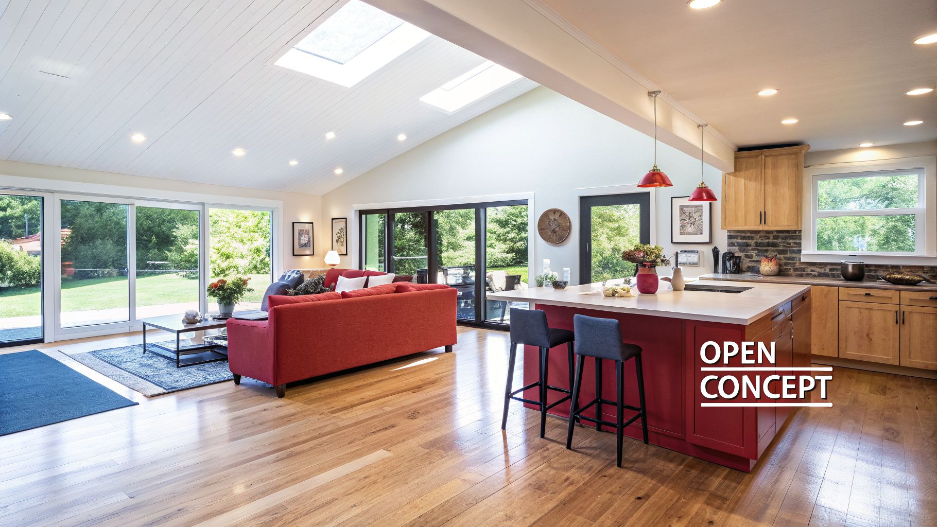 Bright, open-concept home featuring a vibrant red sofa, red kitchen island, and vaulted ceiling with skylights.