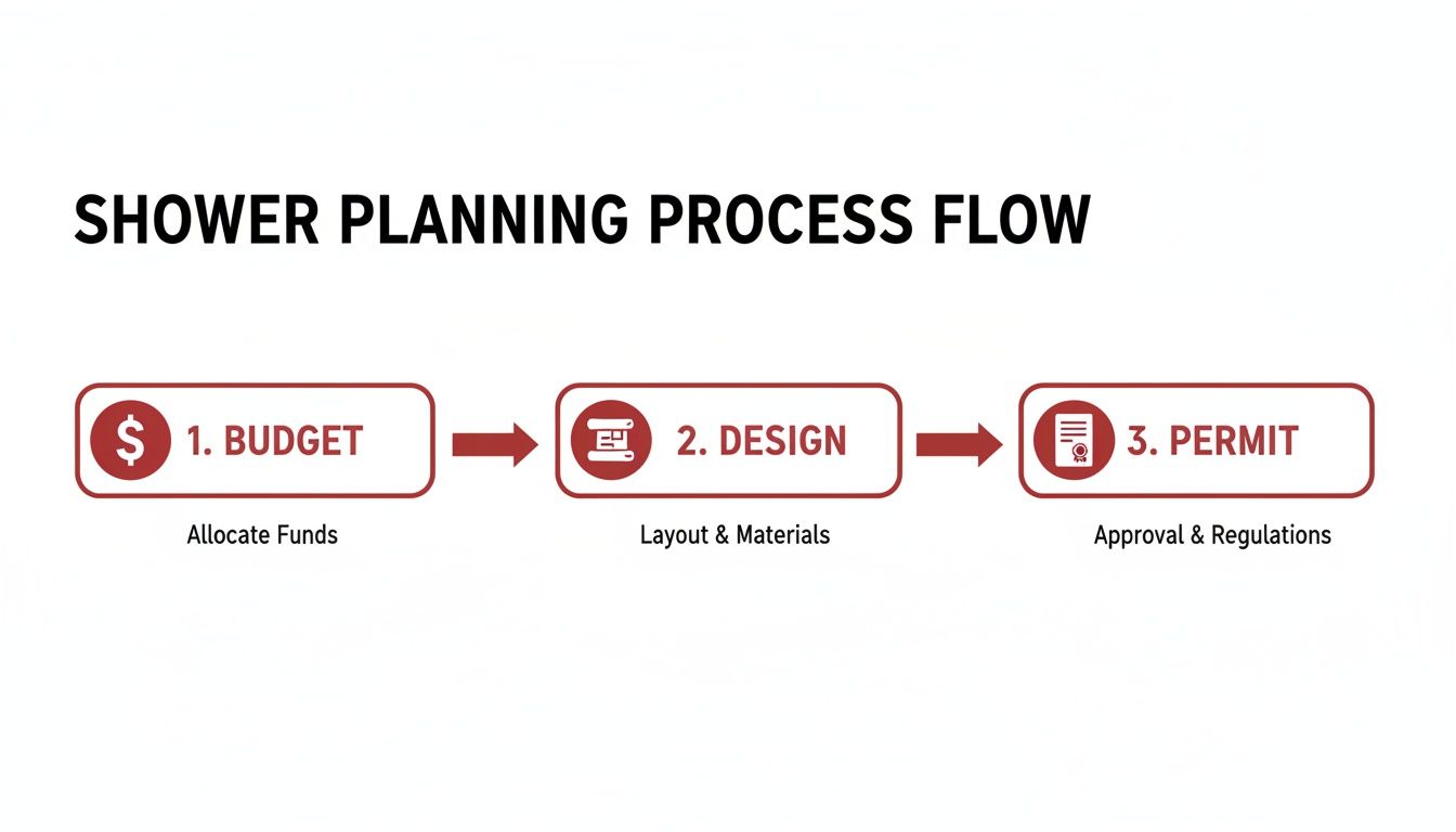Flowchart outlining the shower planning process, including budget, design, and permit stages.