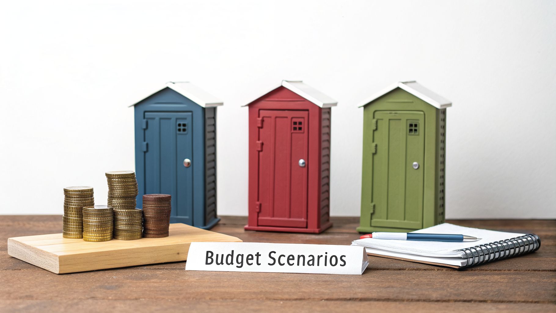 Three colorful miniature sheds, stacked coins, and a 'Budget Scenarios' sign on a wooden table.
