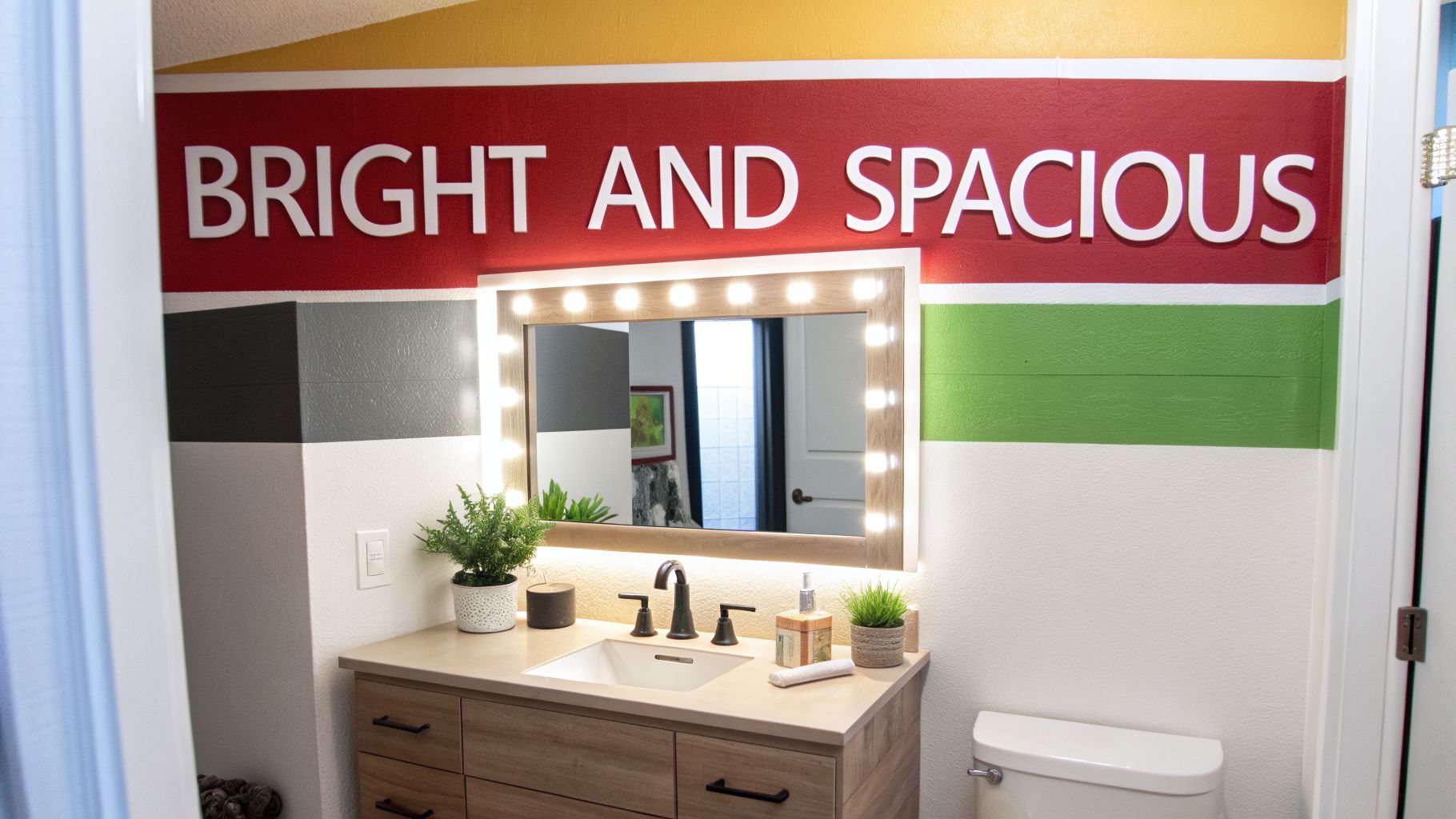 A vibrant bathroom with a light wood vanity, sink, and lighted mirror, featuring colorful striped walls.