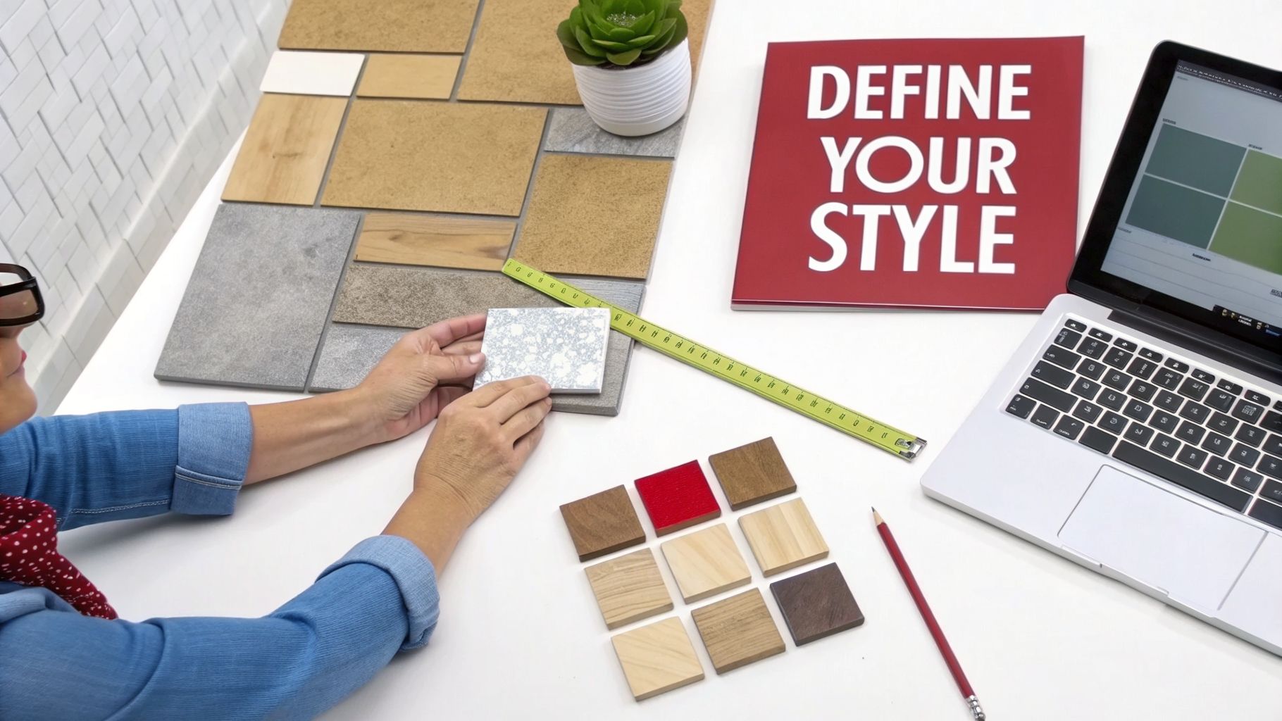 Hands selecting various material samples like wood and tile for an interior design project on a white desk.