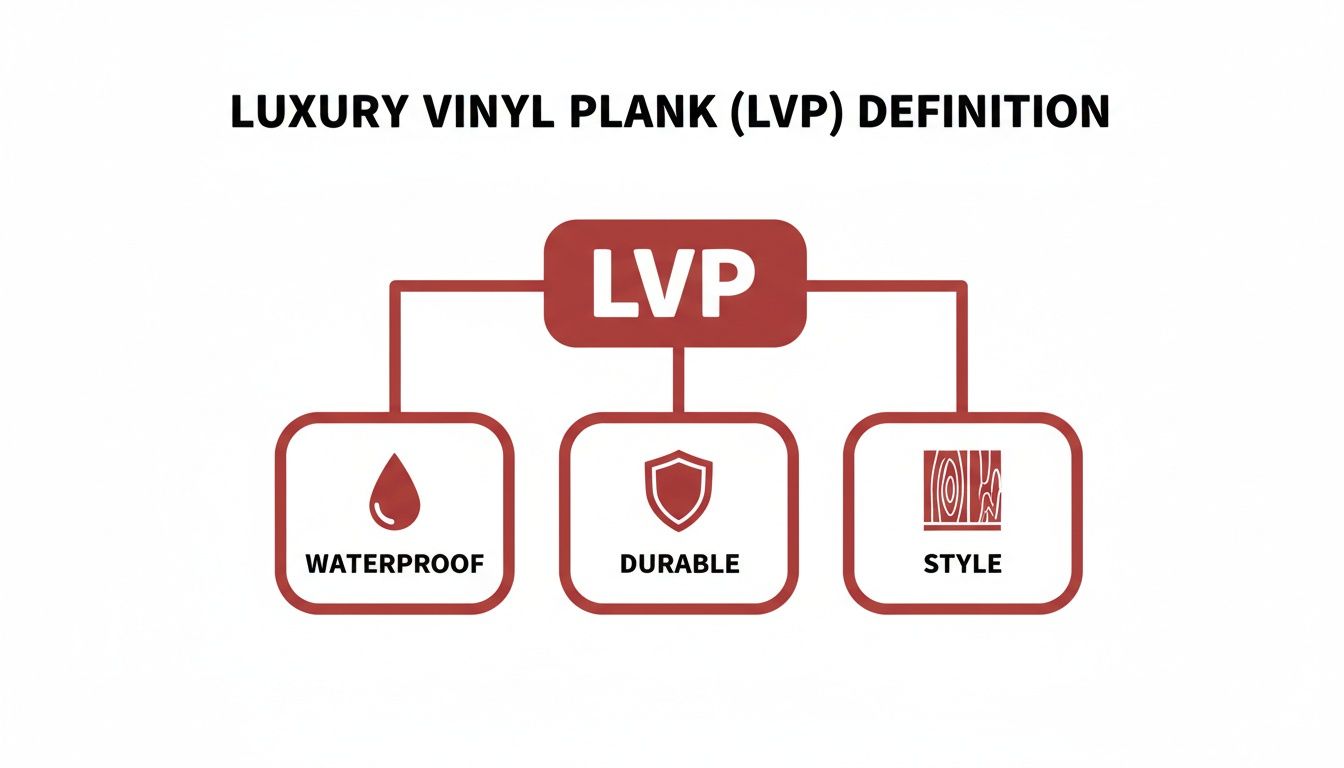 A diagram defining Luxury Vinyl Plank (LVP) by its three key features: waterproof, durable, and style.