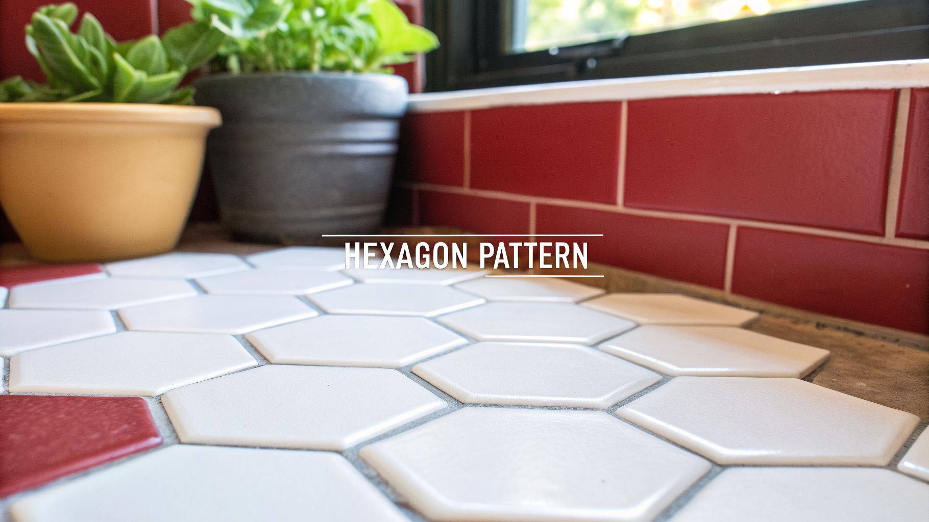 Close-up of white and red hexagon tiles on a surface next to a red subway tile wall.