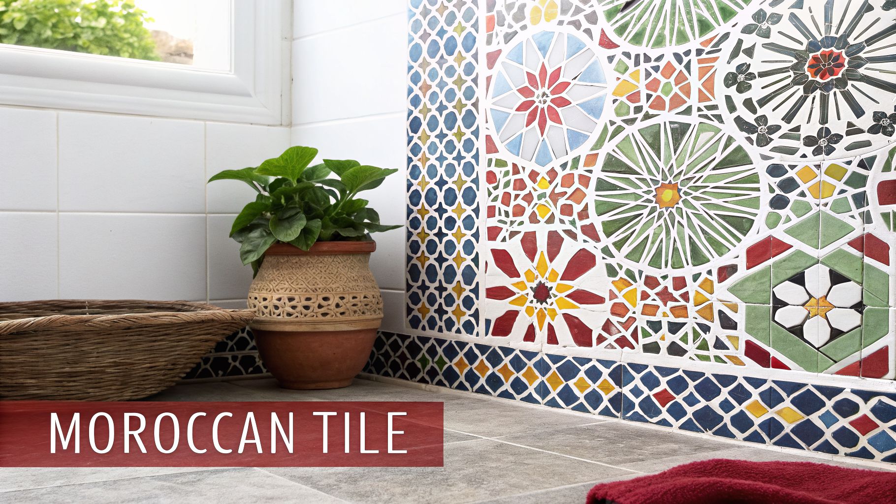 A beautifully decorated bathroom with intricate colorful Moroccan geometric tiles, a potted plant, and a window.