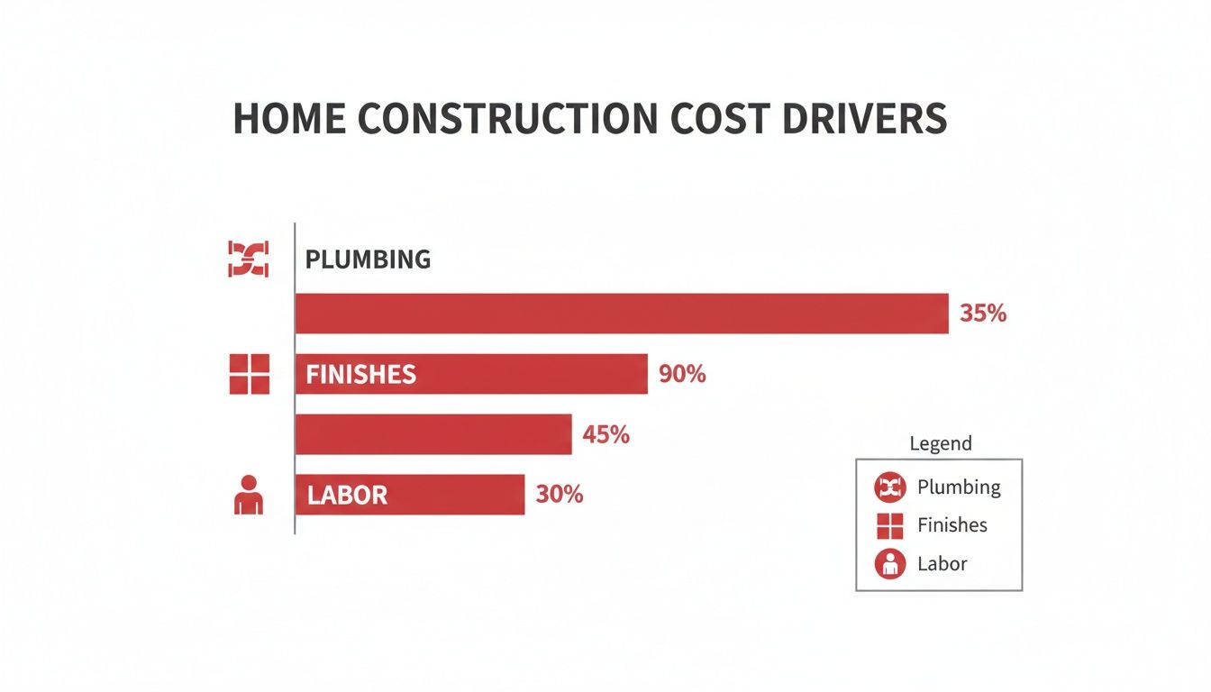 Bar chart showing home construction cost drivers: Plumbing 35%, Finishes 90%, Labor 30%.