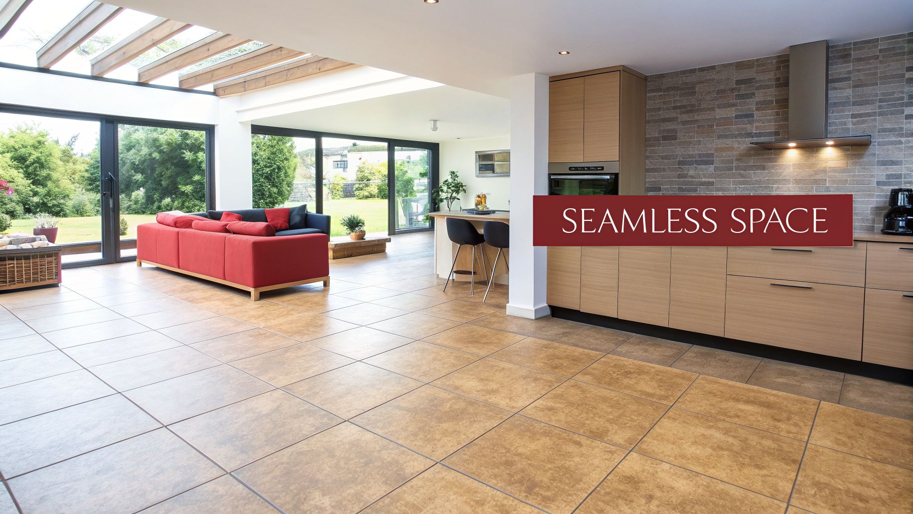 A modern open-plan living room and kitchen with light brown tiled flooring, a red sofa, and a kitchen island.