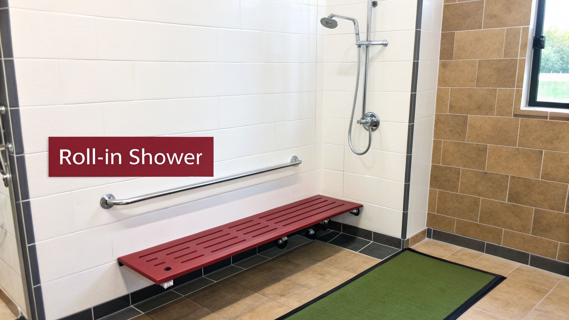 A brightly lit roll-in shower featuring a red slatted folding bench, grab bar, and shower head.